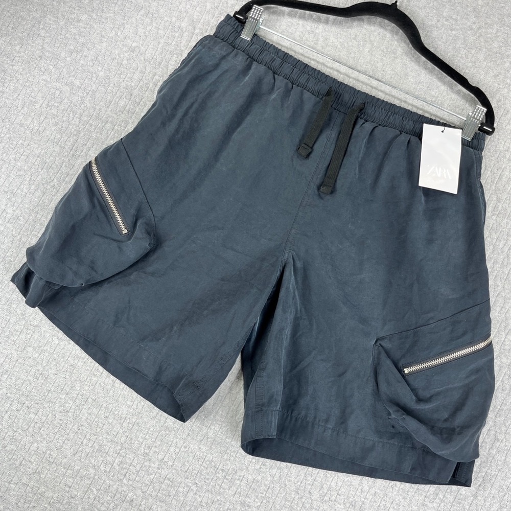 New Zara Cargo Shorts Mens L Black Zipper Pocket Drawstring Utility Parachute